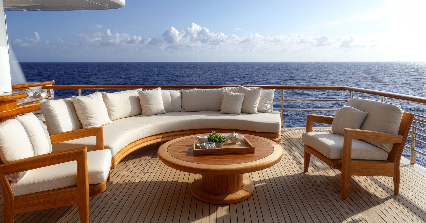 Teak furniture on deck of superyacht