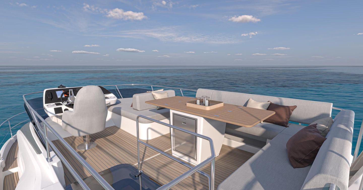 Rendering of Prestige F4.3 motor yacht flybridge with L-shaped seating and helm station