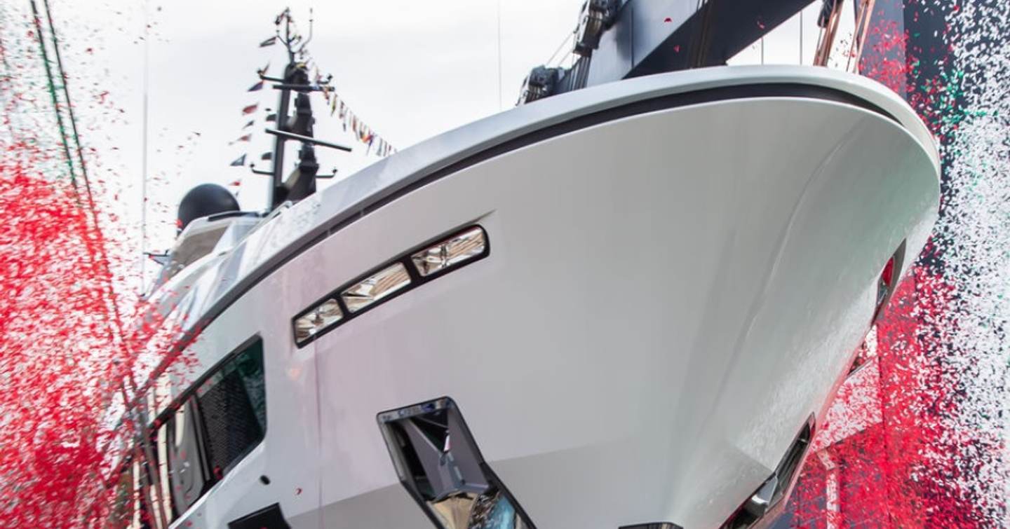 Superyacht Moneikos' bow at launch