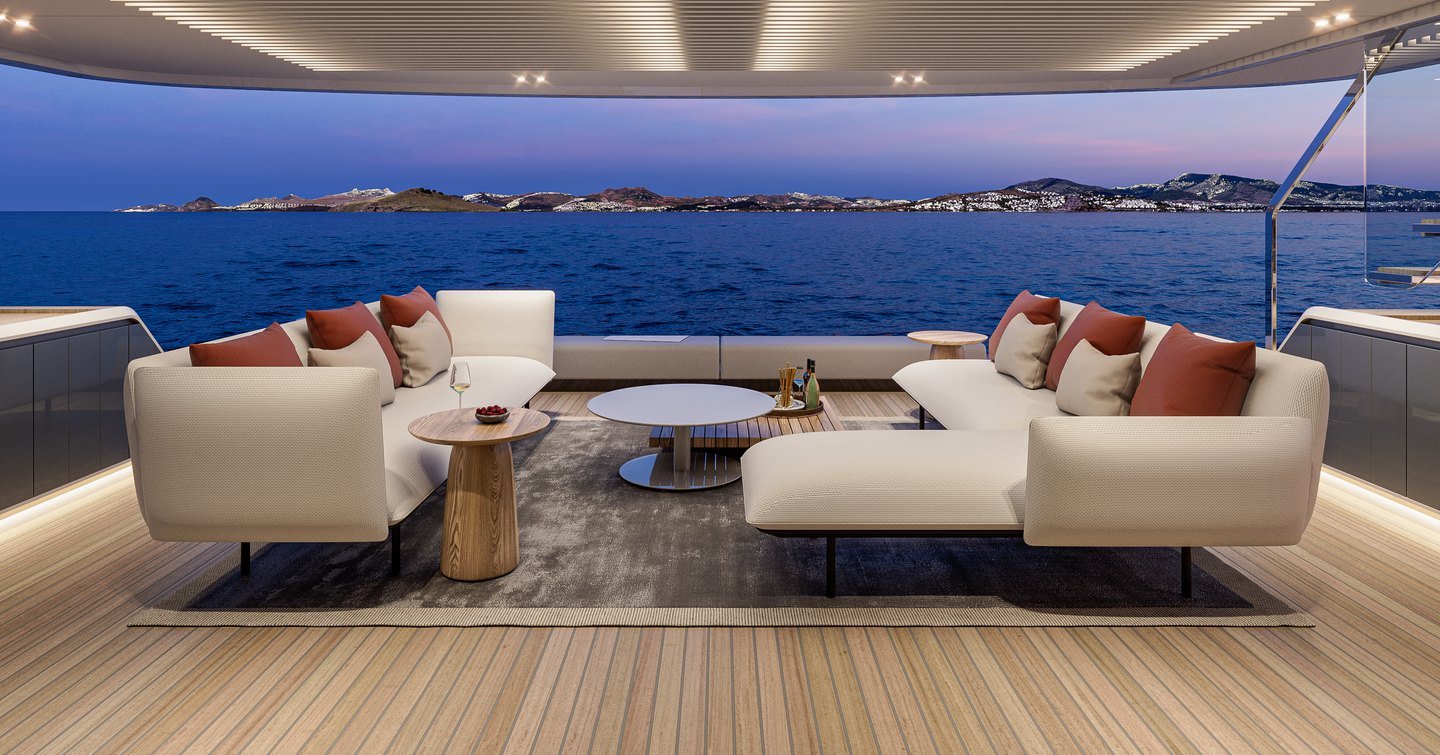 Rendering of Extra Yachts X100 Triplex motor yacht aft deck with white furniture 