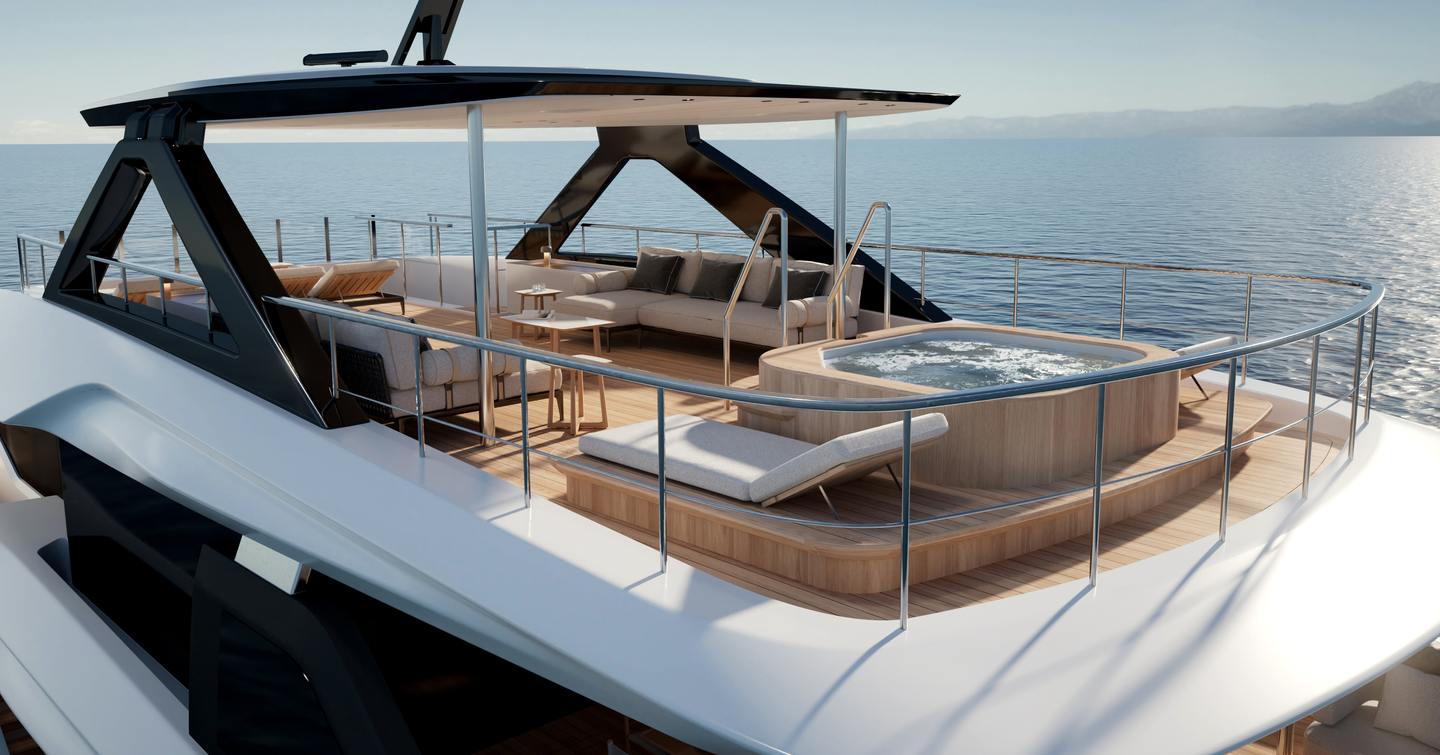 Rendering of Custom Line Navetta 35 superyacht sundeck with aft jacuzzi