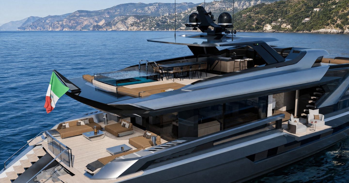Rendering of Tecnomarine TM33 superyacht upper decks with infinity pool and fold out main saloon balcony