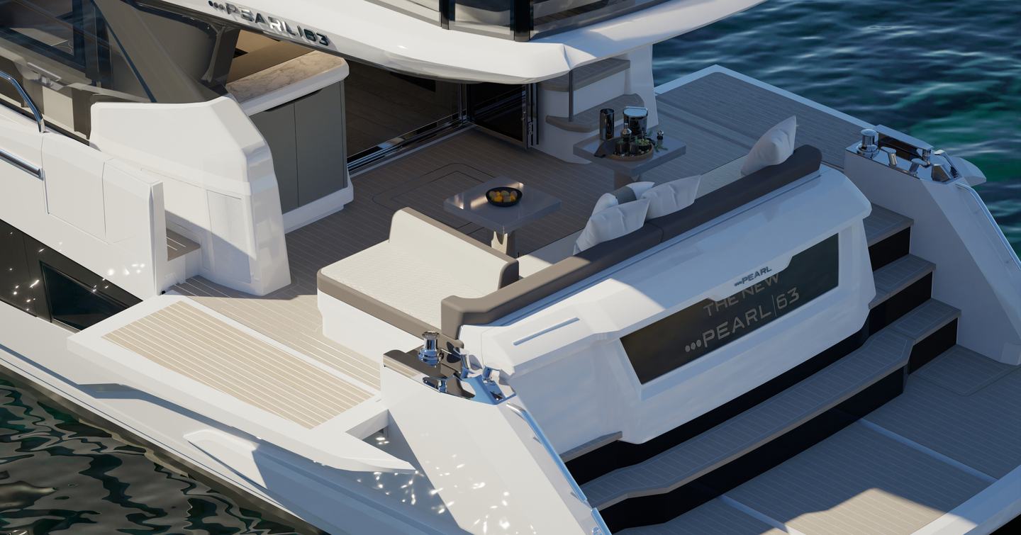 Rendering of Pearl 63 motor yacht aft deck with shaded seating 