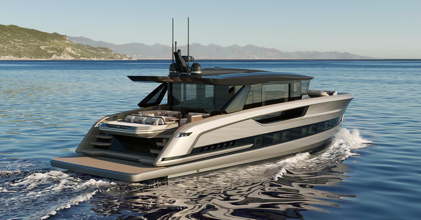 Rendering of Solaris Power 64 Grand Coupé motor yacht under way 
