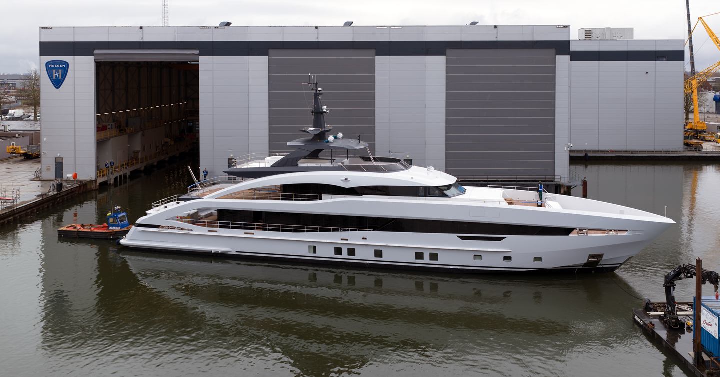 Superyacht Project Sophia outside Heesen shipyard during launch