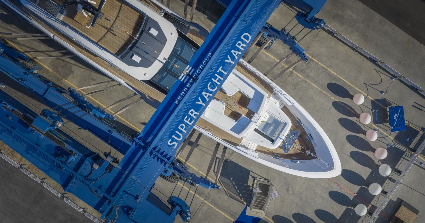 Aerial view of Custom Line Saetta 128 Superyacht at launch