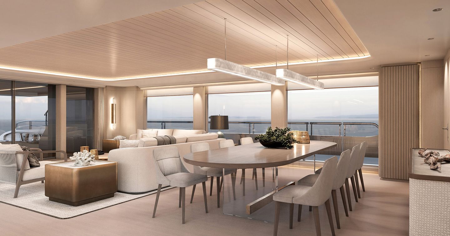 Rendering of Amels 6007's main deck with dining and seating area