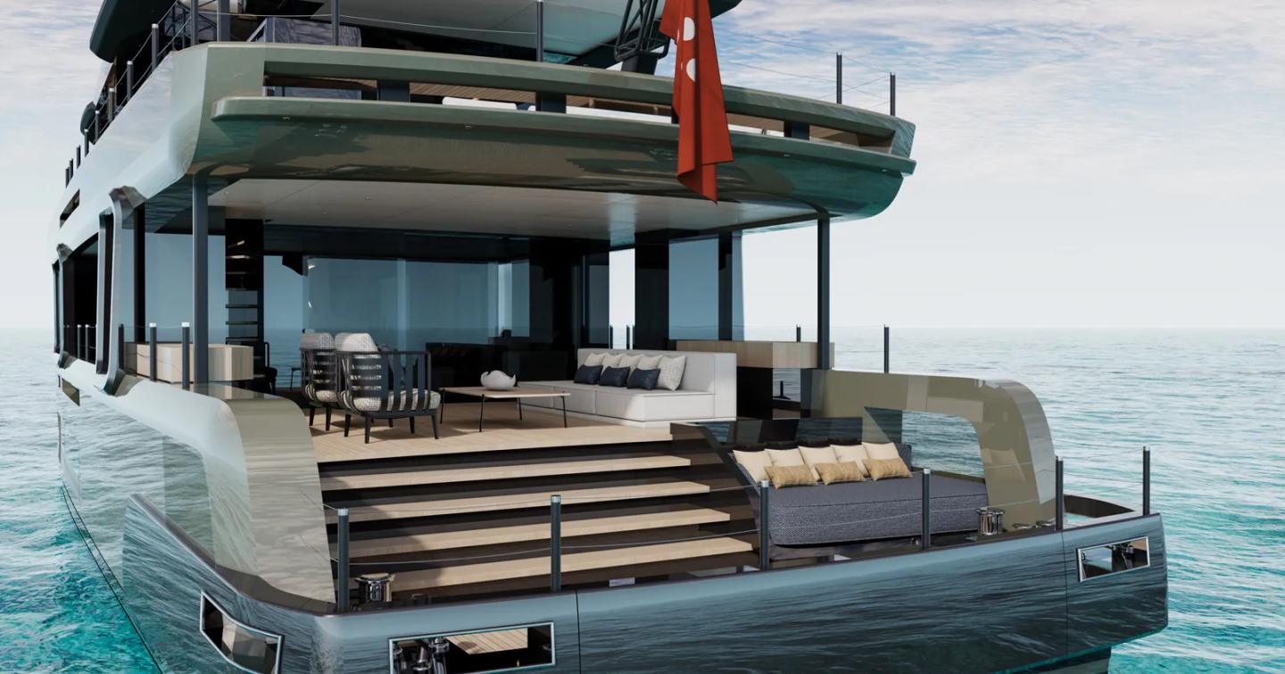 Rendering of explorer yacht RAW 105 aft lounging area