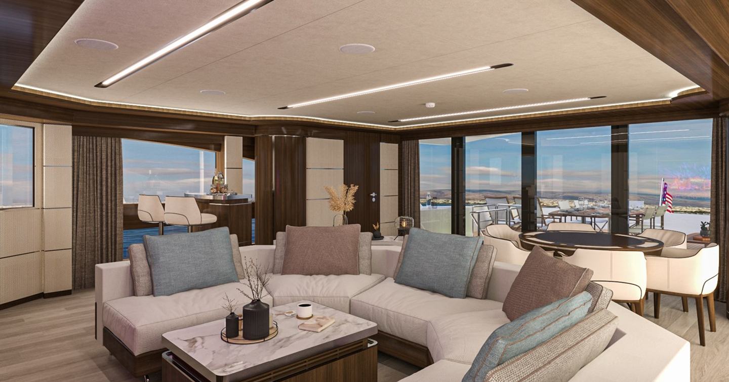 Rendering of Lazzara UHV 100 motor yacht skylounge