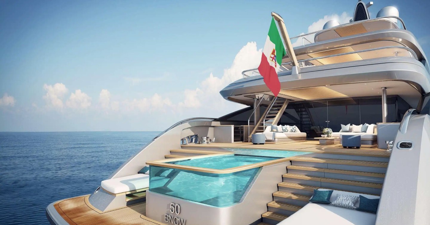 Rendering of Superyacht Mine Games' beach club with infinity pool