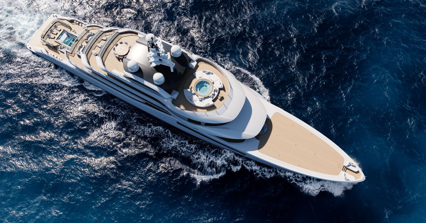 Aerial Rendering of sixth Amels 80 superyacht under way 
