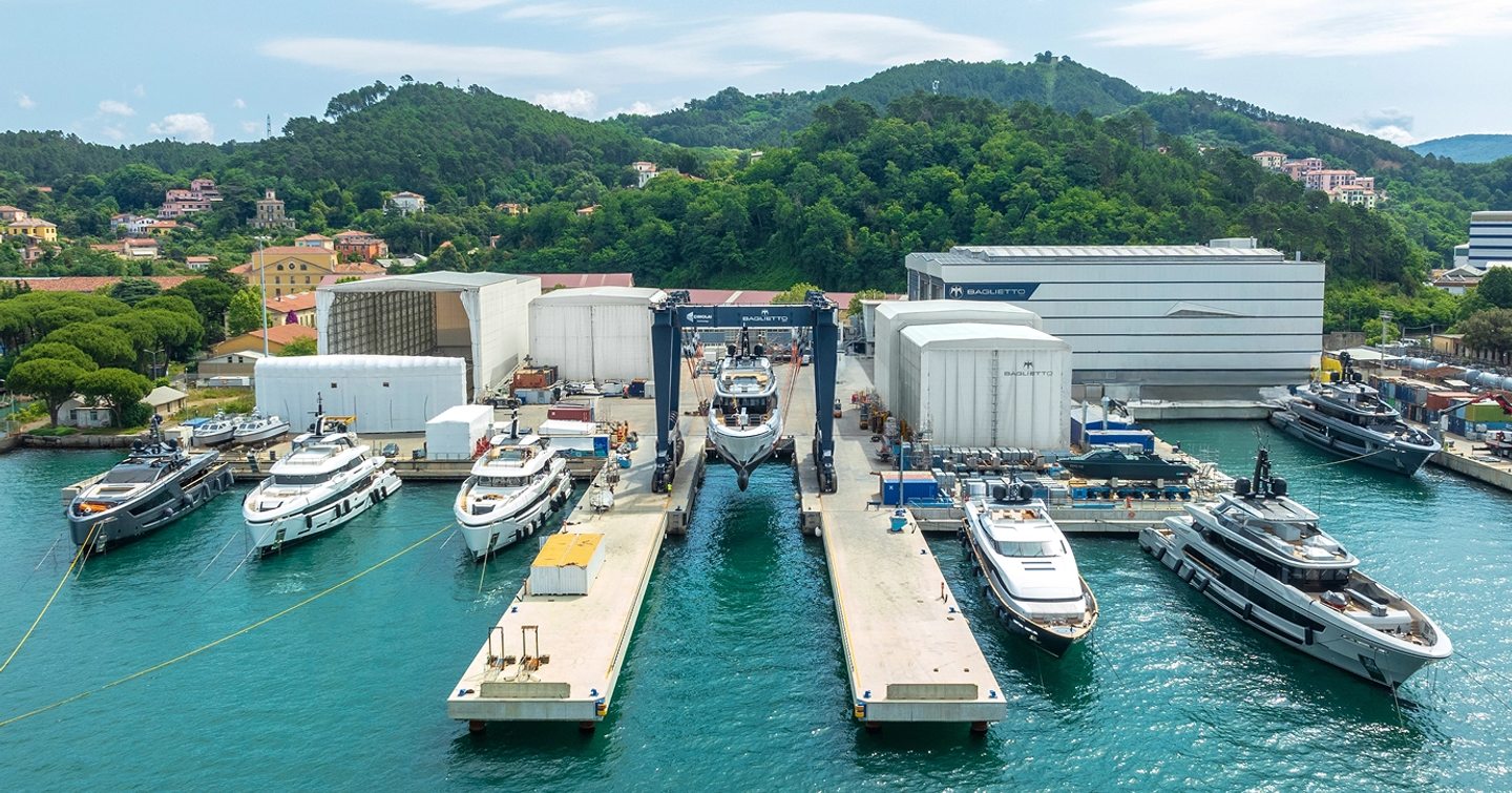 Baglietto La Spezia shipyard with superyachts docked 