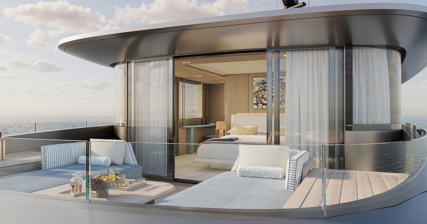 Rendering of Benetti B.Neos superyacht owner's cabin with private foredeck access