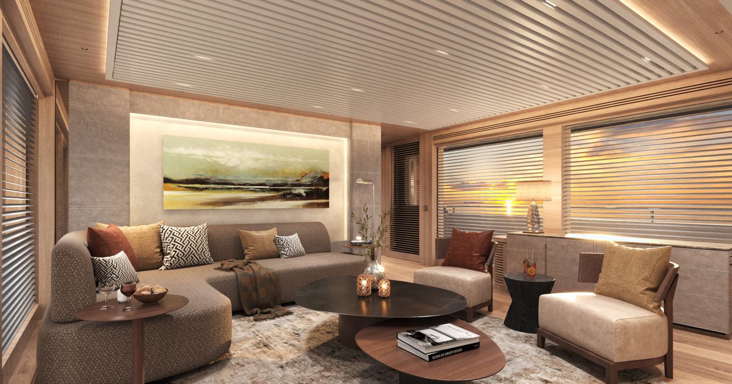 Rendering of Superyacht Lalabe main saloon with L-shaped sofa