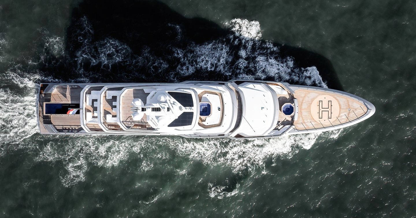 Aerial view of expedition yacht Valor under way