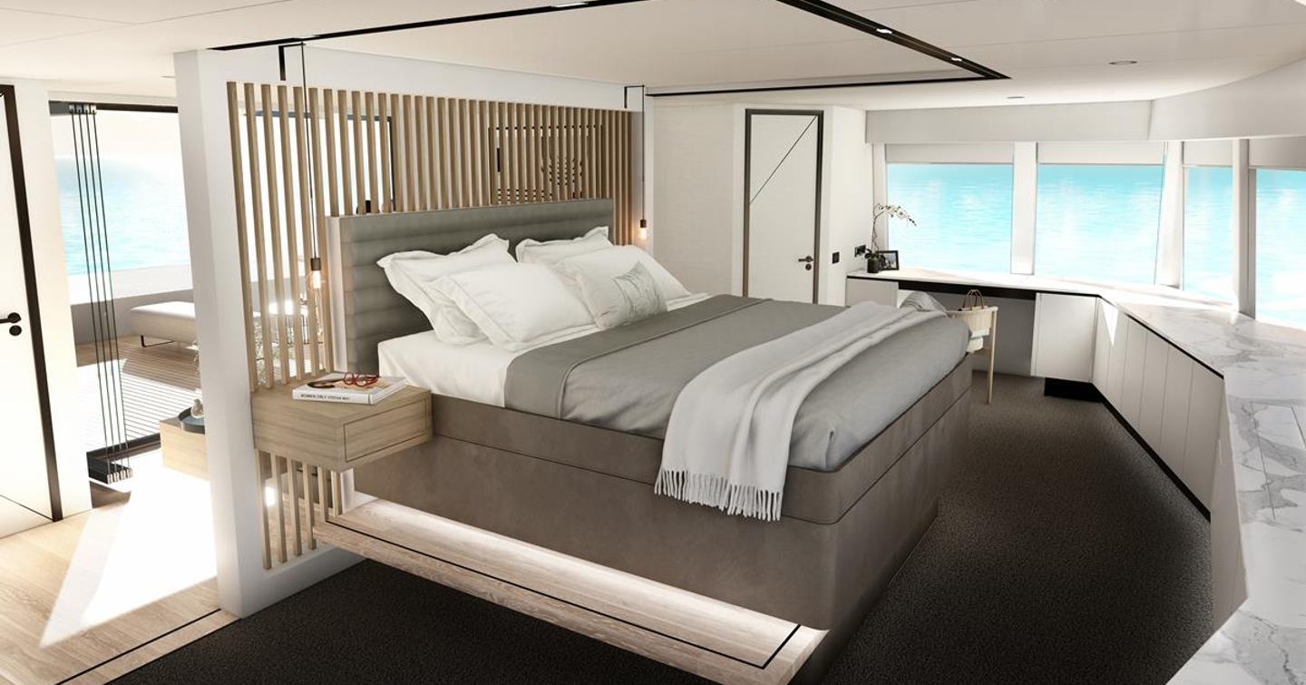 Upper deck owner's cabin onboard the Two Oceans 870 Power Catamaran