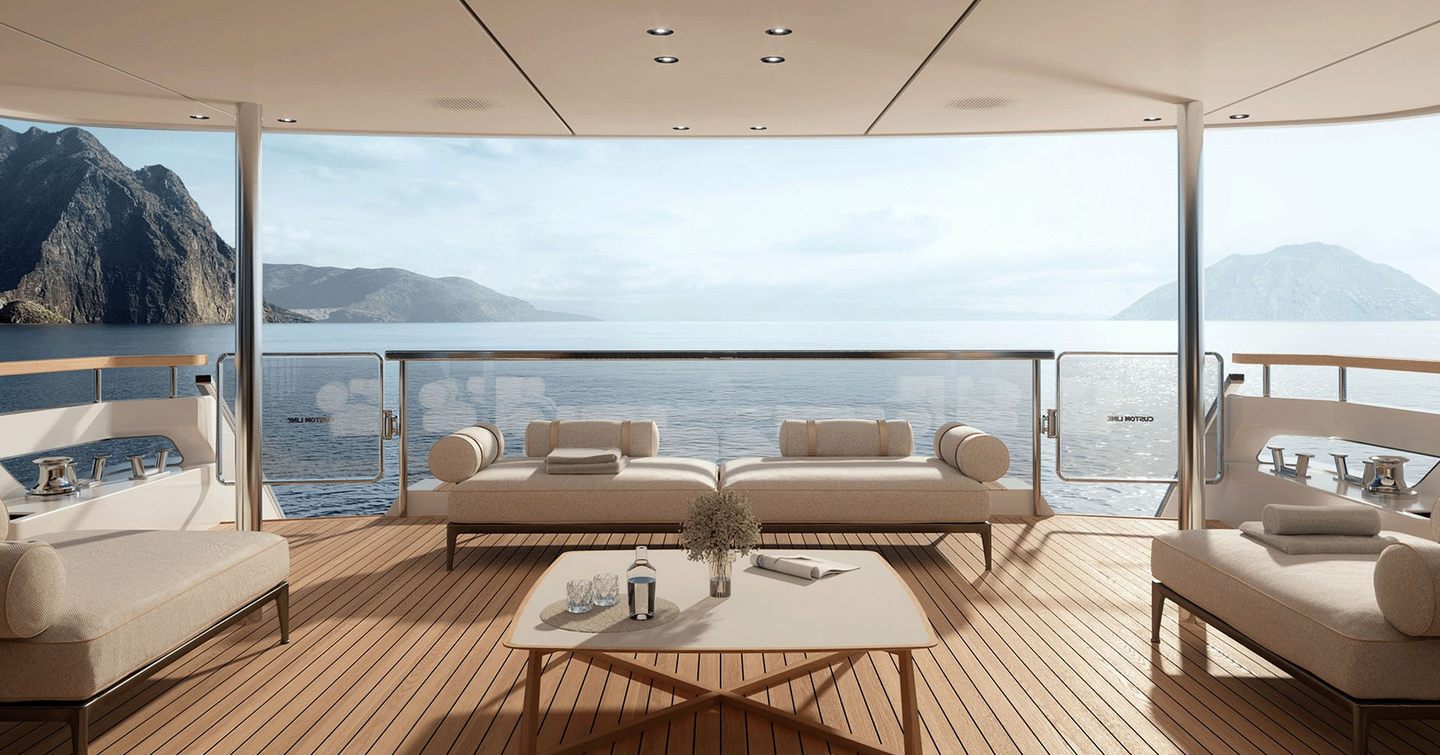 Rendering of Custom Line Navetta 35 superyacht aft deck with shaded seating 