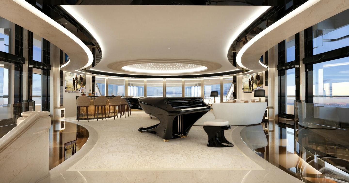 Superyacht Kismet saloon with grand piano and bar arewa