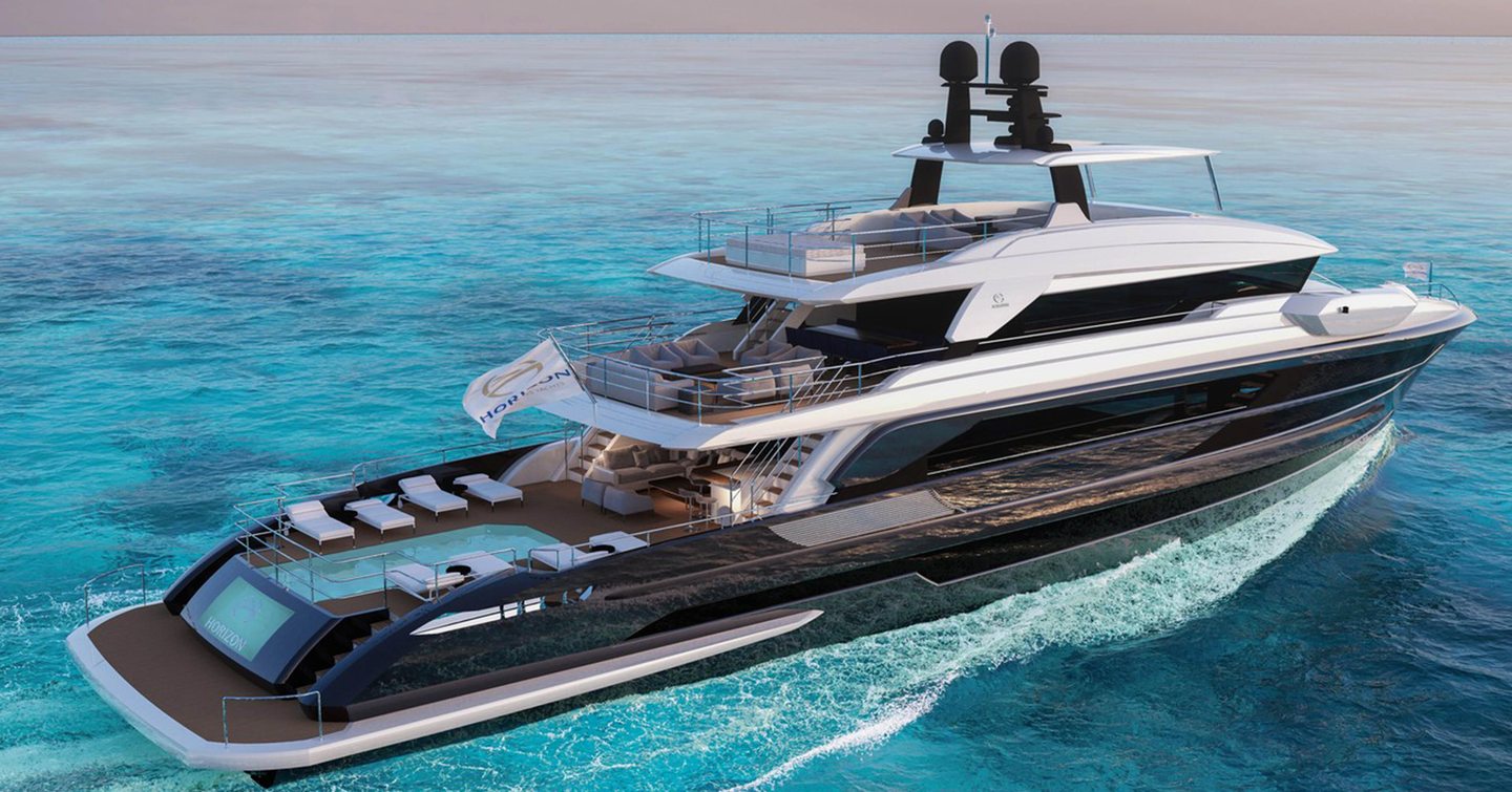 Rendering of Horizon FD130 Tri-Deck motor yacht under way