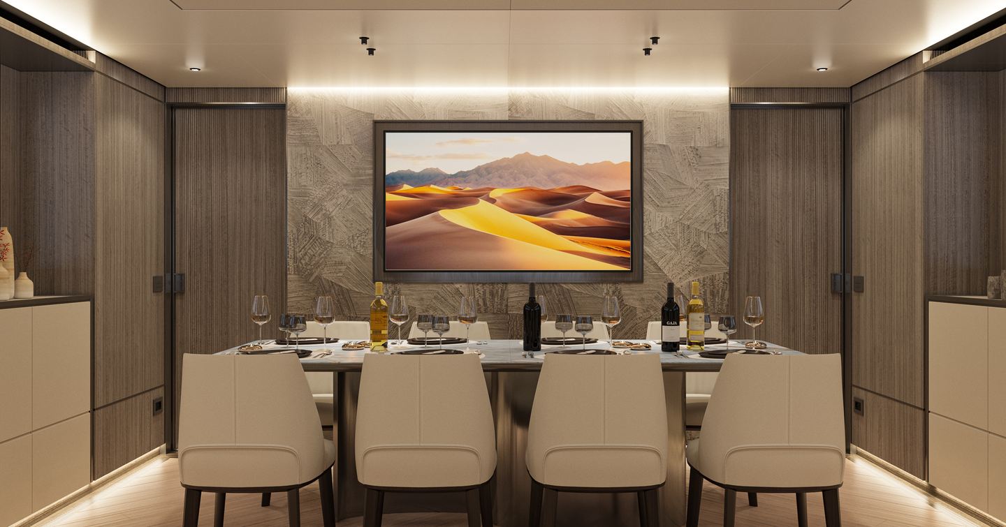 Rendering of Antonini Navi XPD95 Motor Yacht main saloon dining area 