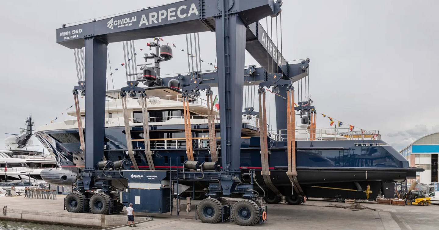 Sanlorenzo 500EXP Explorer Yacht on trolley on way to launch 