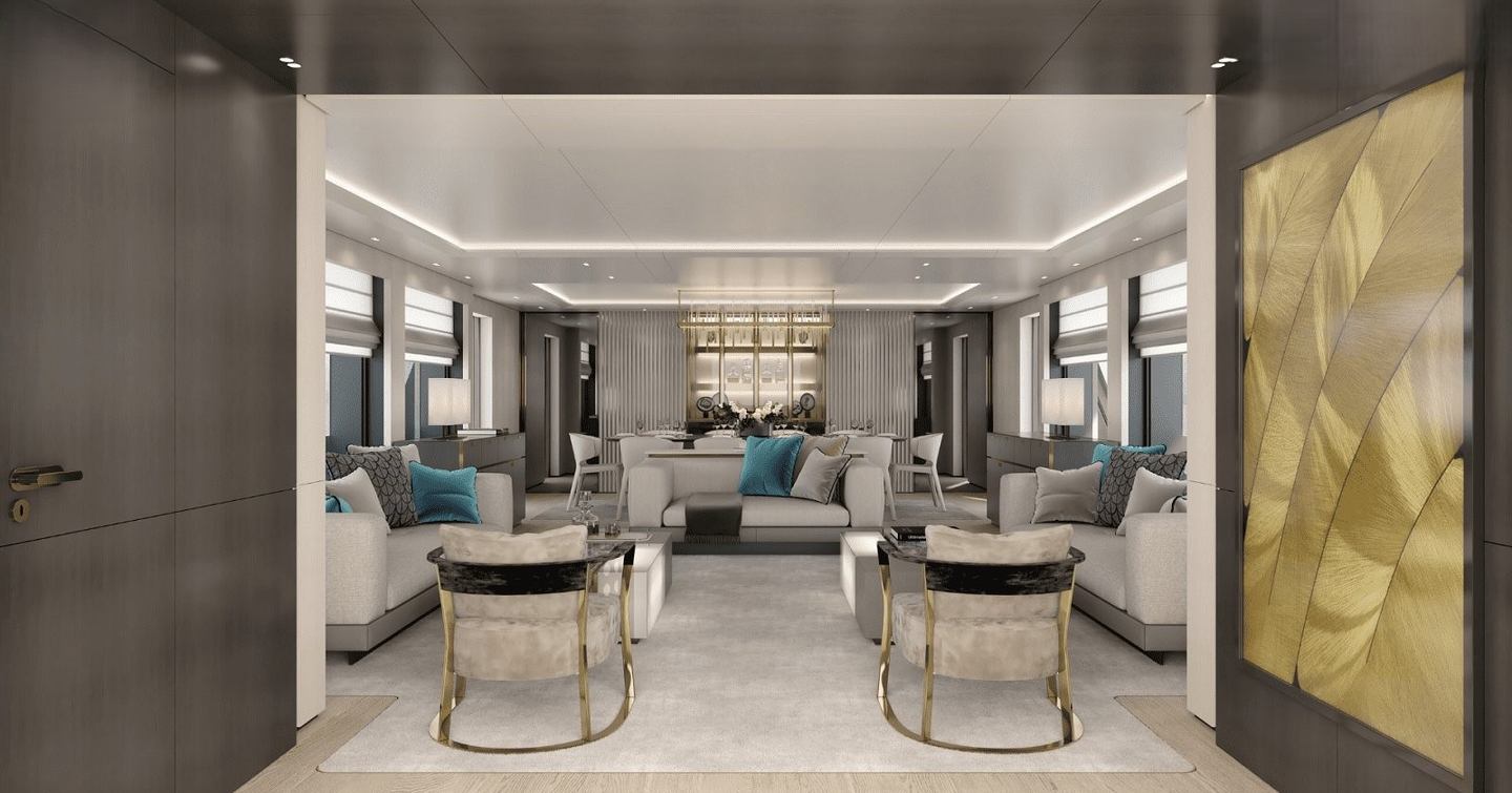 Rendering of Bering 125 Explorer Yacht main saloon with white sofas and brown entry way