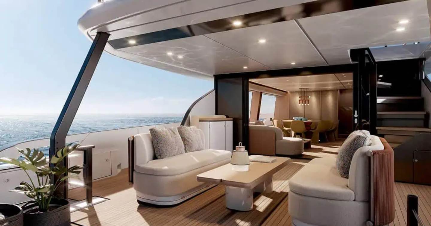 Rendering of Azimut Fly 82 motor yacht aft deck with shaded alfresco dining