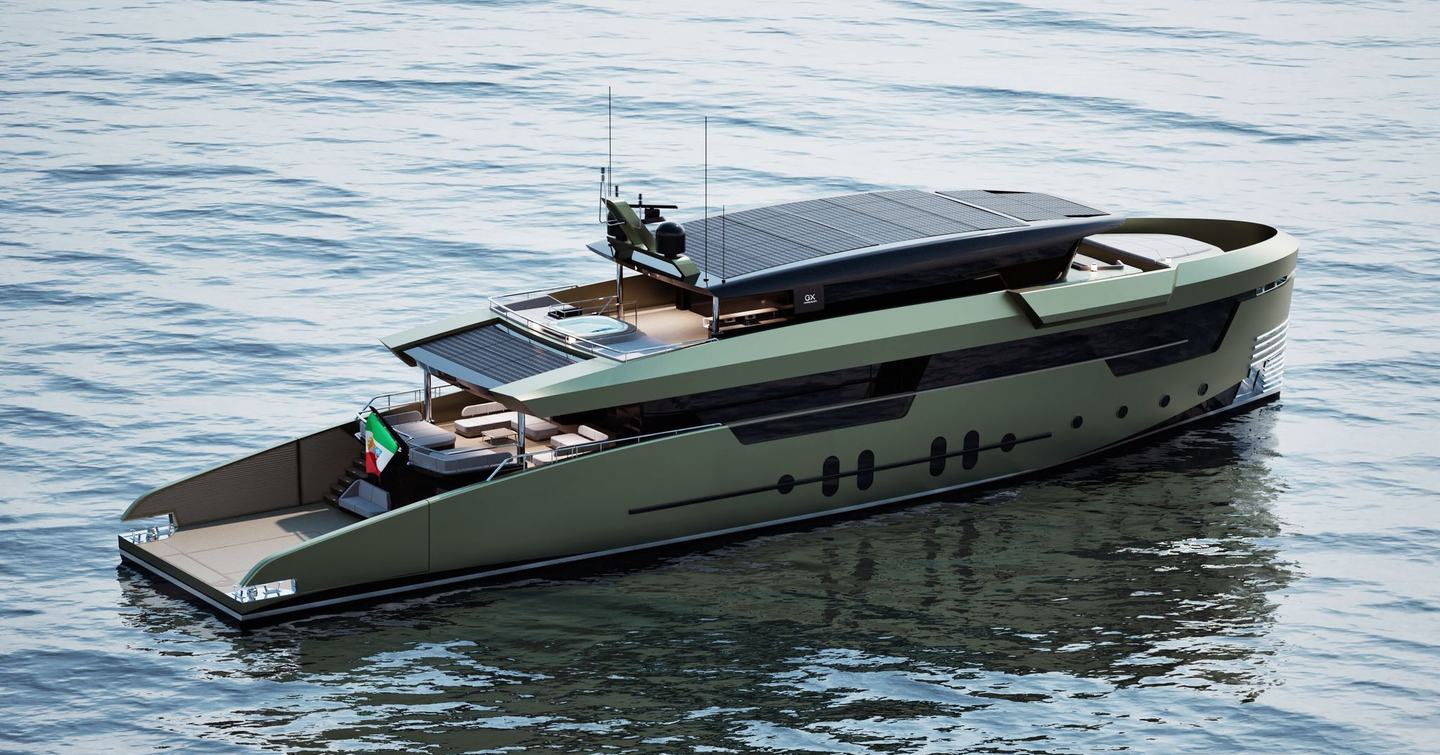 Rendering of GX Superyachts GX38 Voyager explorer yacht with beach club folded out 