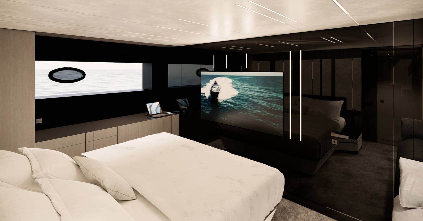 Rendering of motor yacht Pershing GTX70 cabin with mounted TV