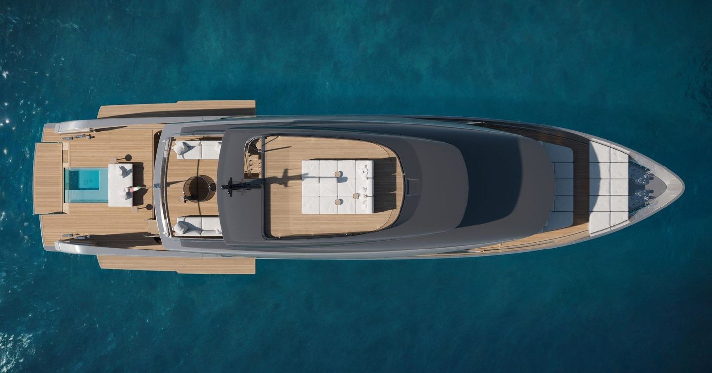 Aerial Rendering of Sanlorenzo SX120 motor yacht at anchor 