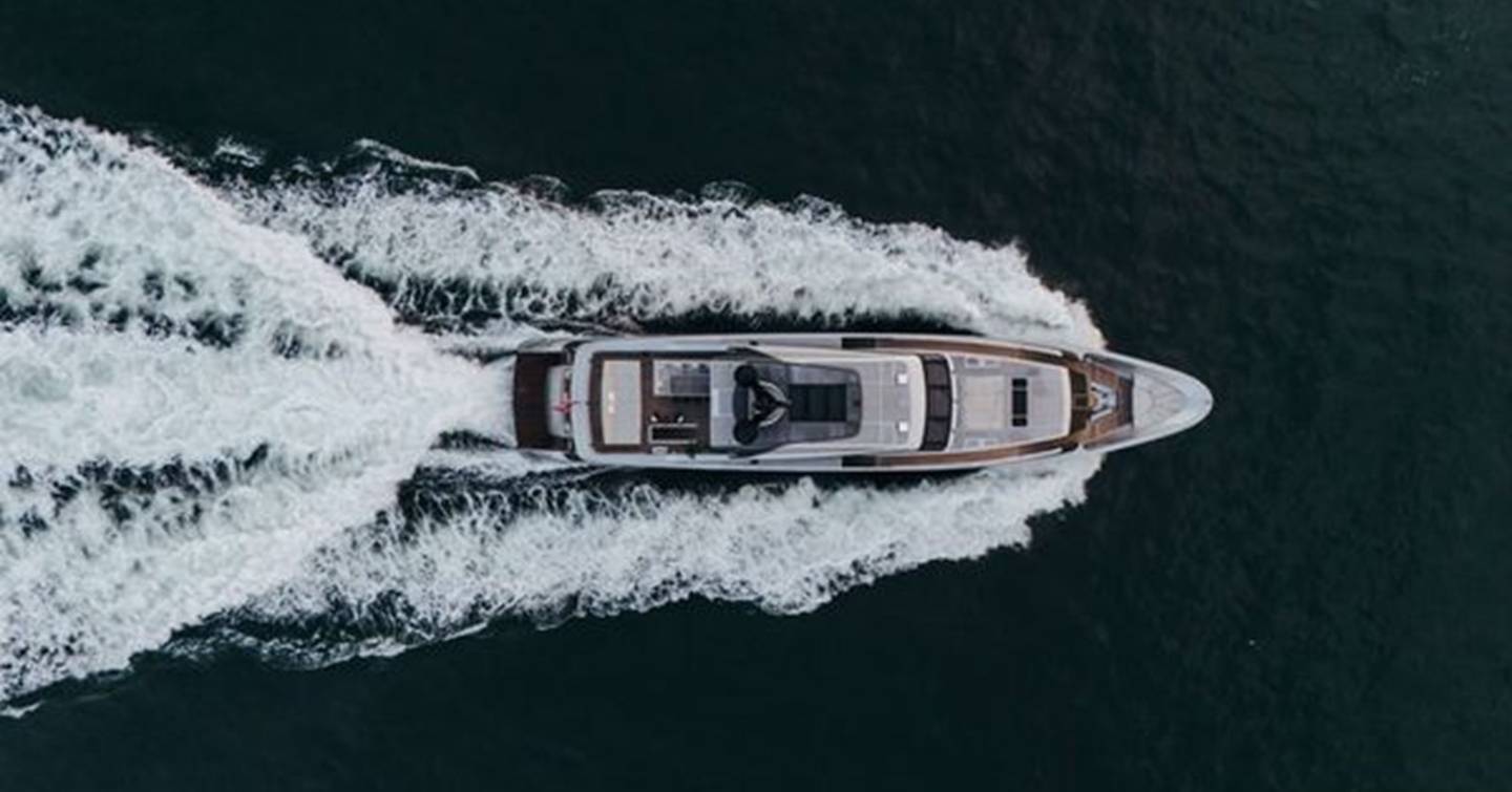 Superyacht Lady A for Sale overhead and underway at sea