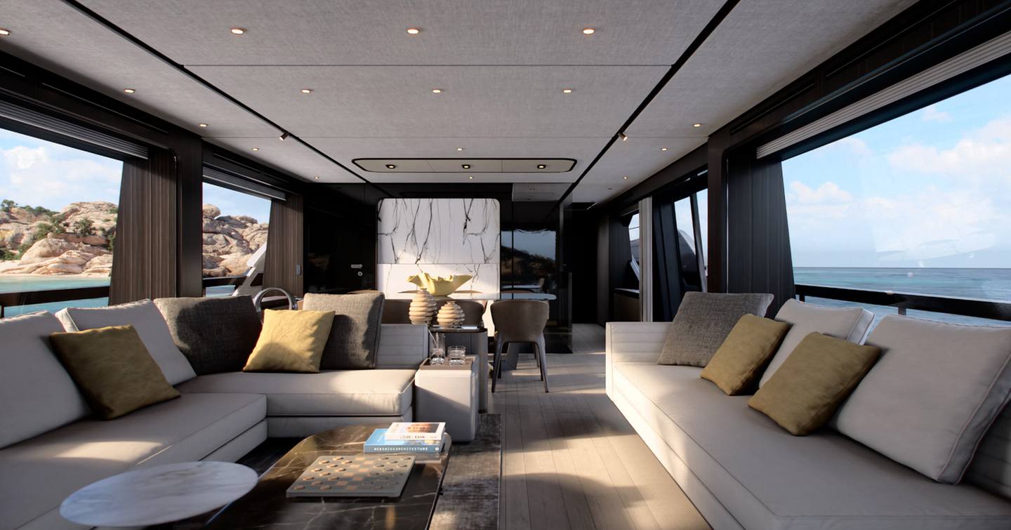 Rendering of motor yacht Ferretti 940 main saloon