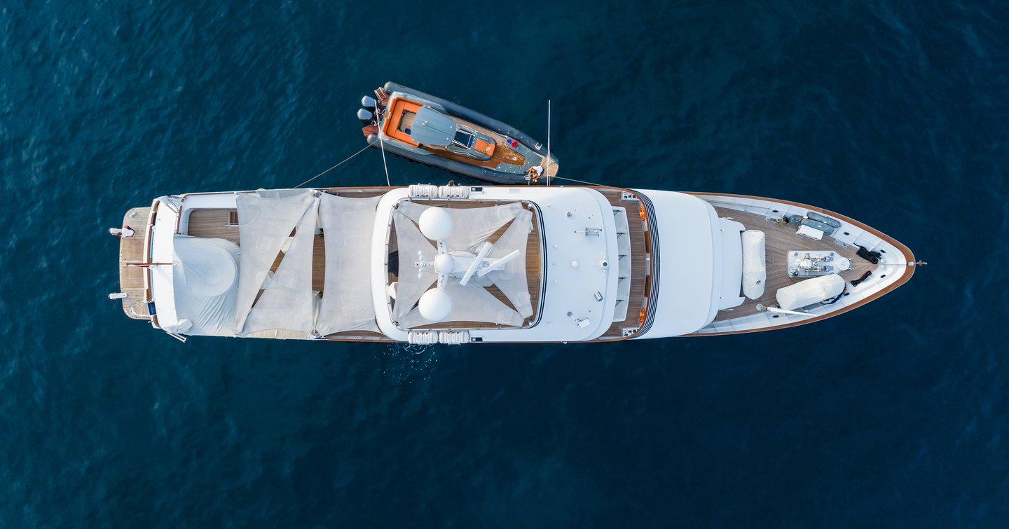 Feadship superyacht Synthesis 66 at anchor aerial view 