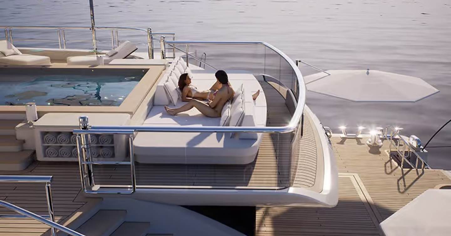 Rendering of superyacht Project Life's upper aft deck swimming pool with sunpads