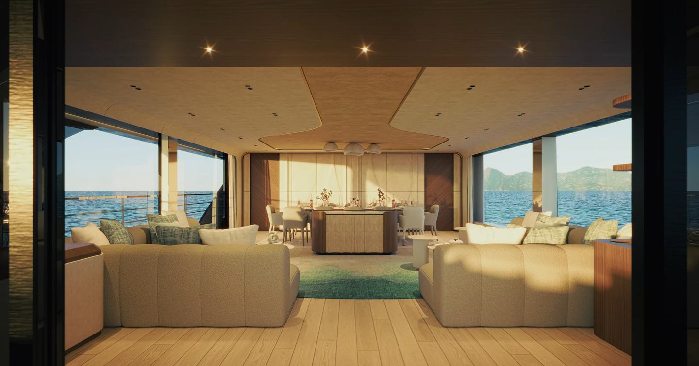 Rendering of Mangusta GranSport 38 yacht saloon 