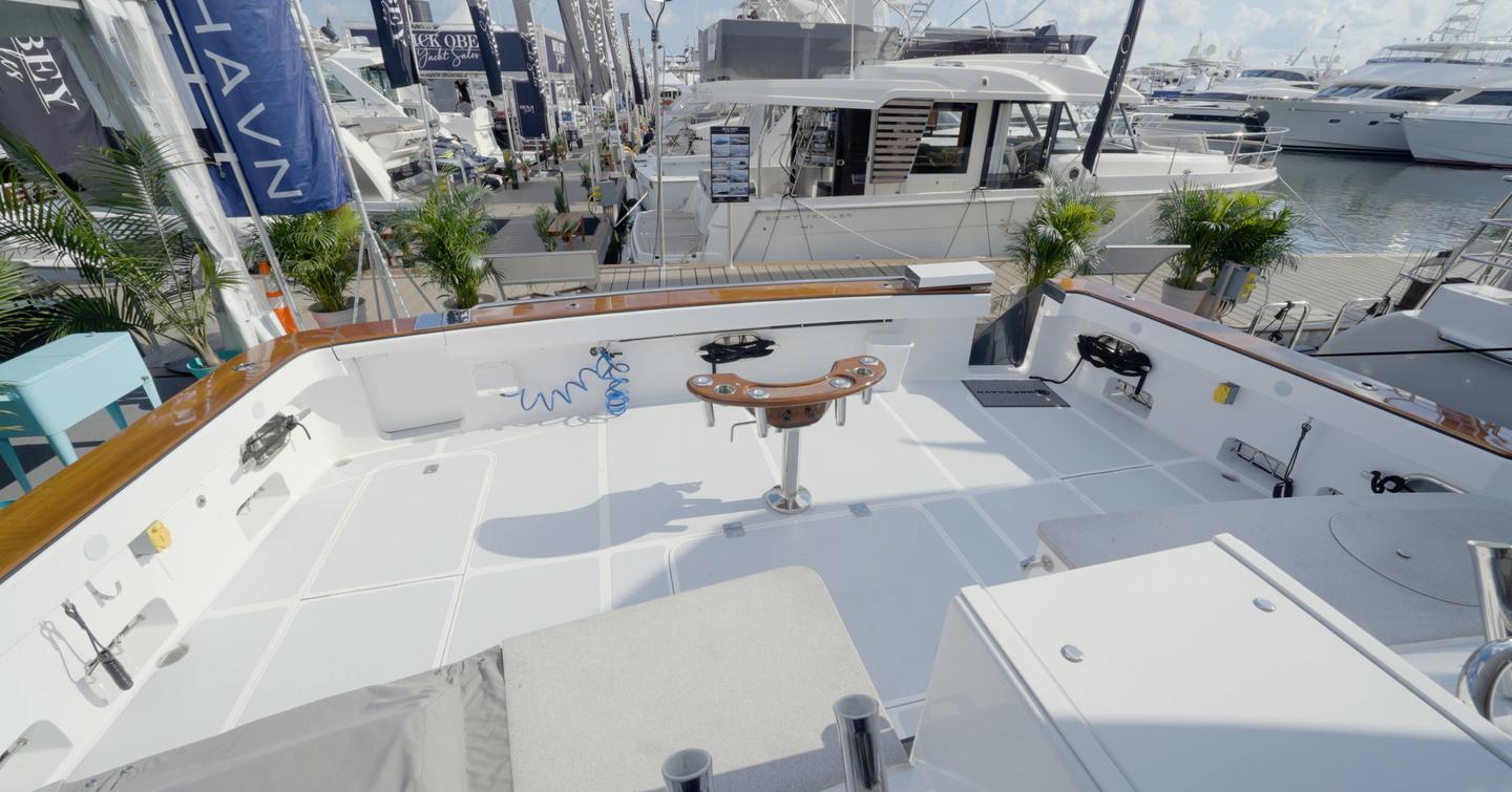 Nordhavn 75 EYF tournament fishing cockpit with Release Marine battle saddle and expansive working deck