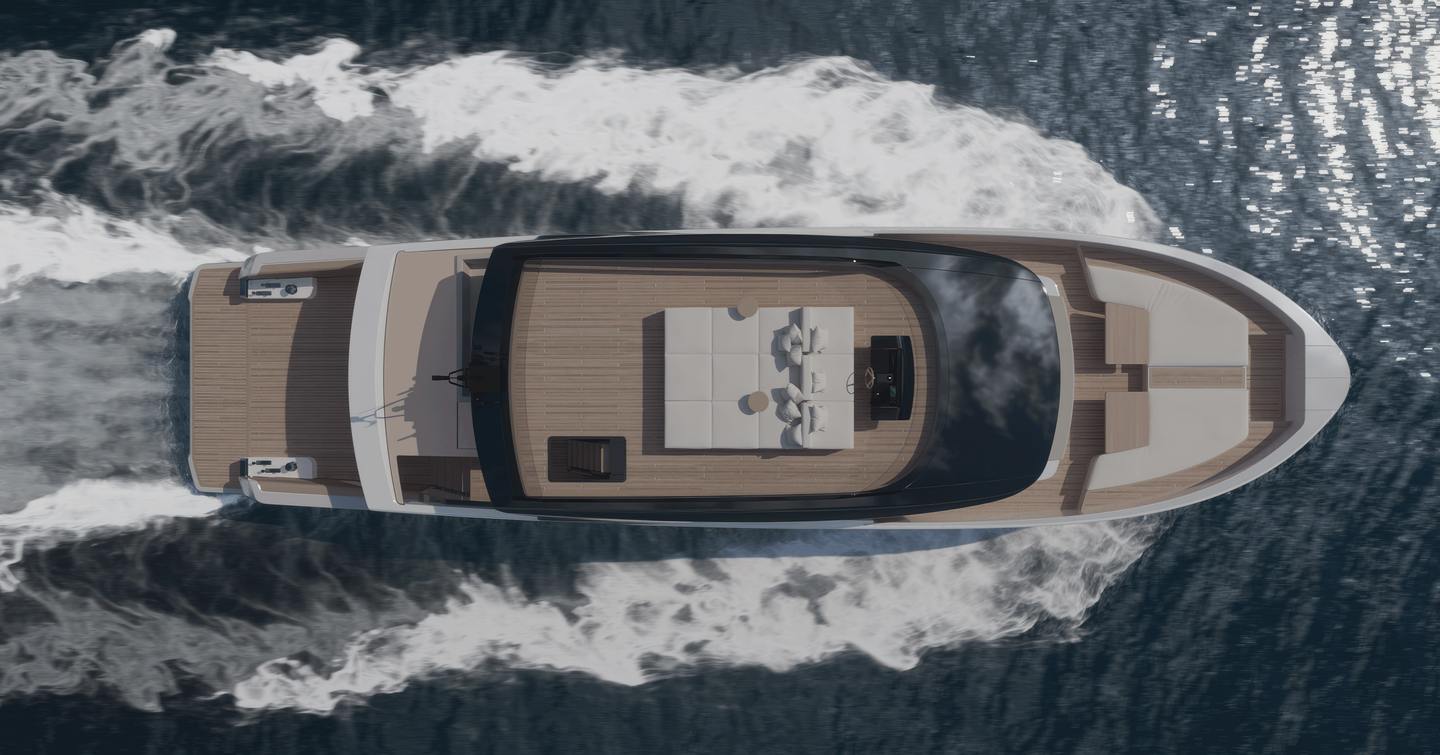 Aerial Rendering of Bluegame BGX83 motor yacht under way 