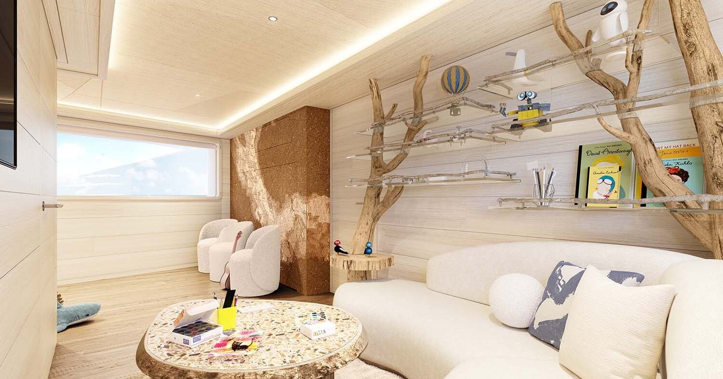 Superyacht Nasiba's interior with curved cream seating and indoor plants