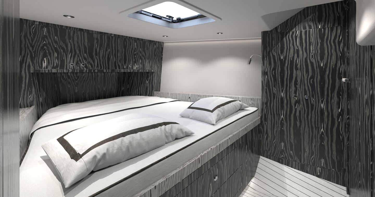 Rendering of TYKUN H1 dayboat owner's cabin with marble like walls