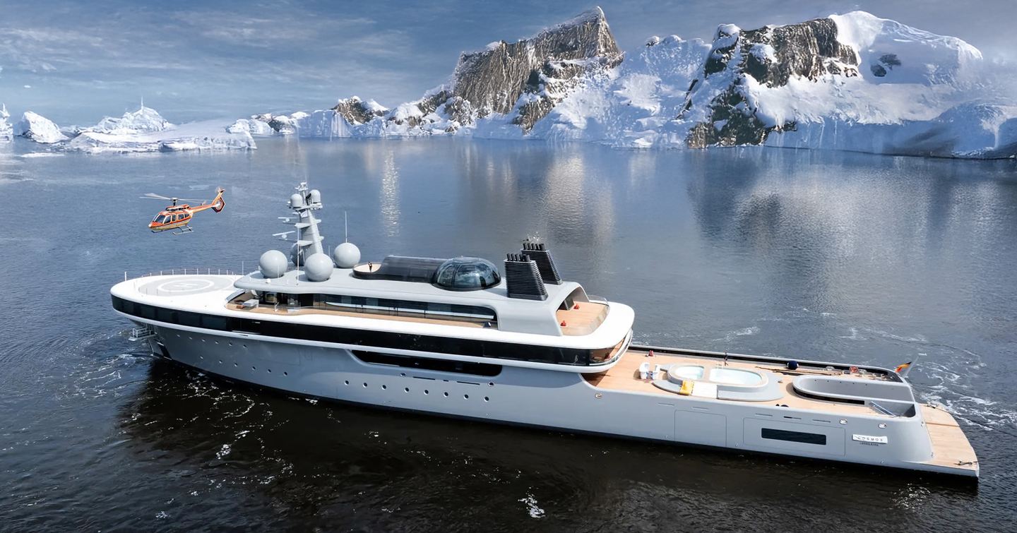 Rendering of Superyacht Nausicaä in the Arctic with helicopter landing on foredeck