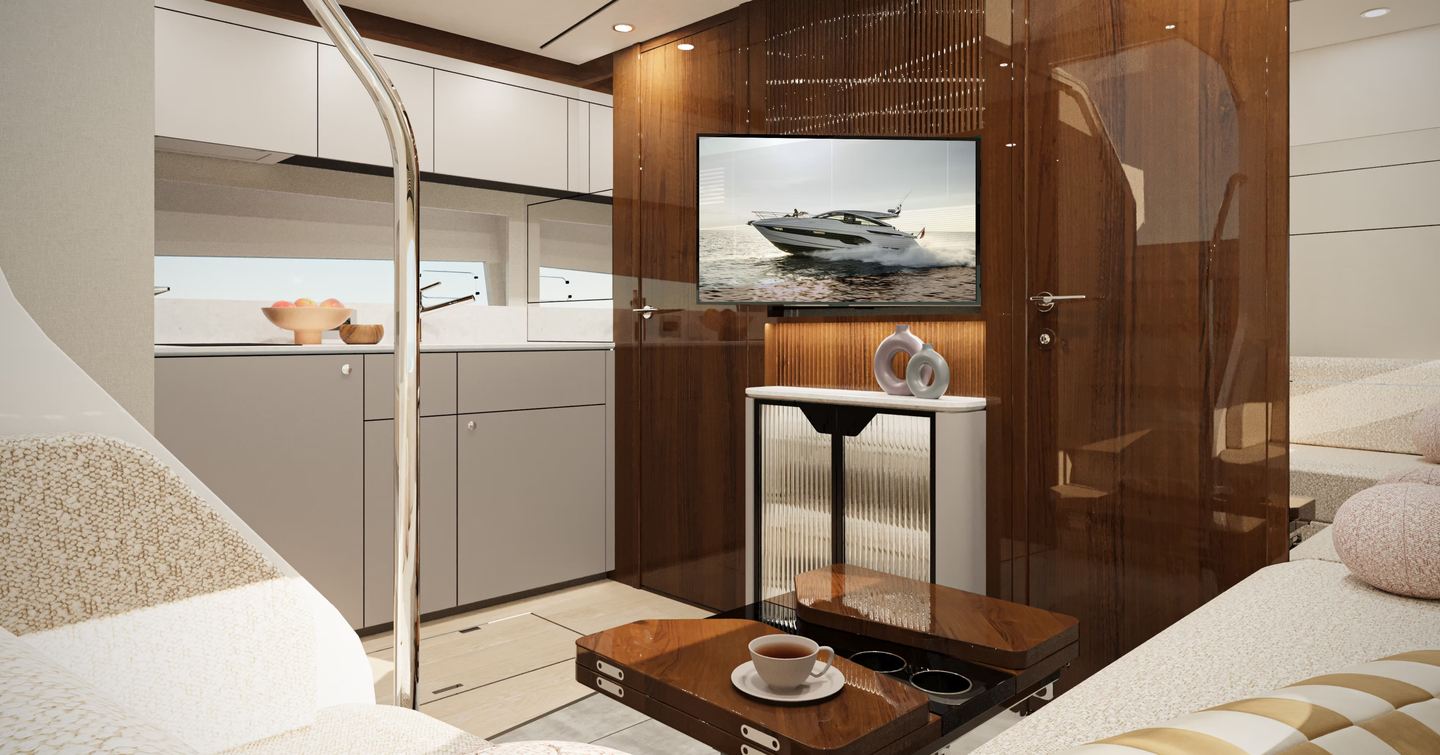 Rendering of Fairline Targa 47 GT boat lower deck interior with mounted TV and galley