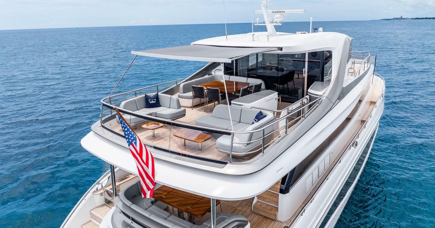 Motor Yacht Cosa Bella sundeck with shaded alfresco dining 