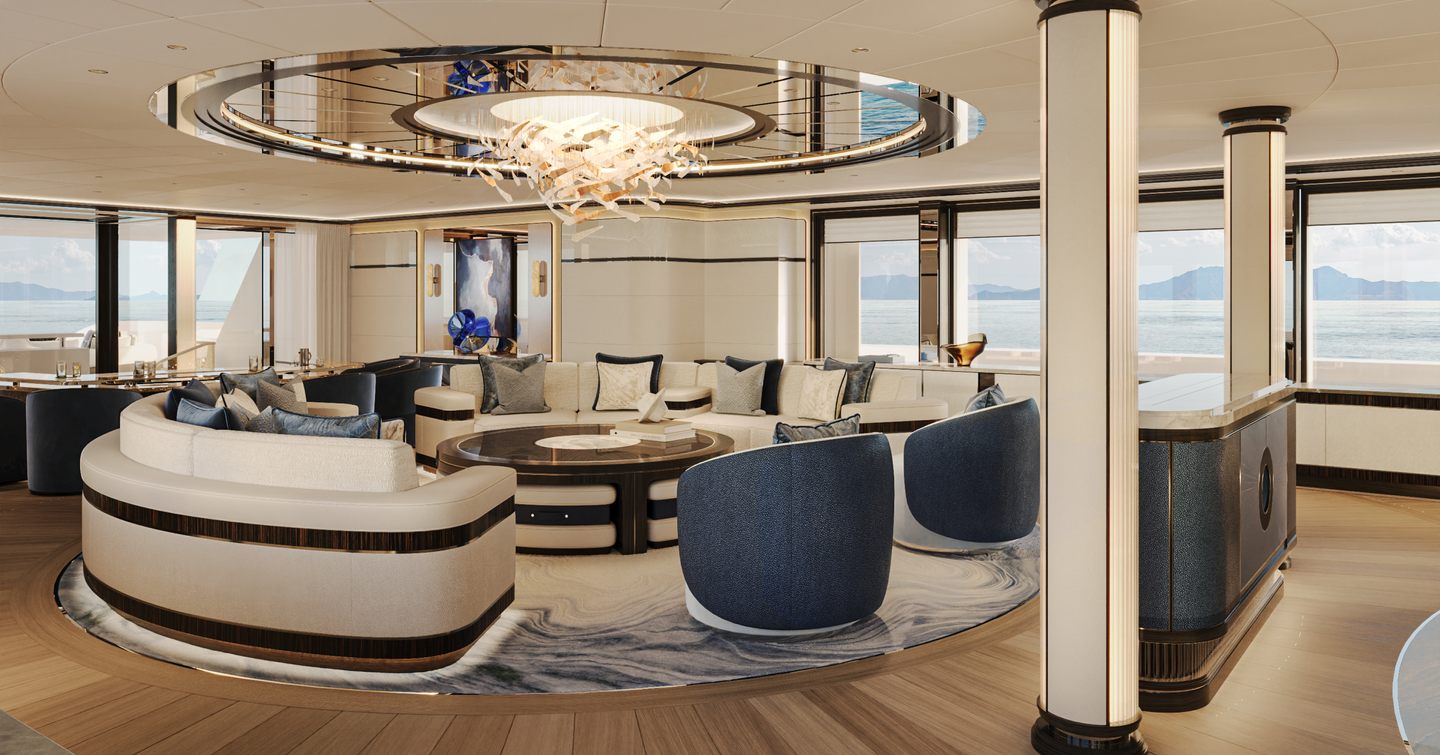 Rendering of Bilgin Superyacht Project Bond main saloon with curved seating, white pillars and blue accents