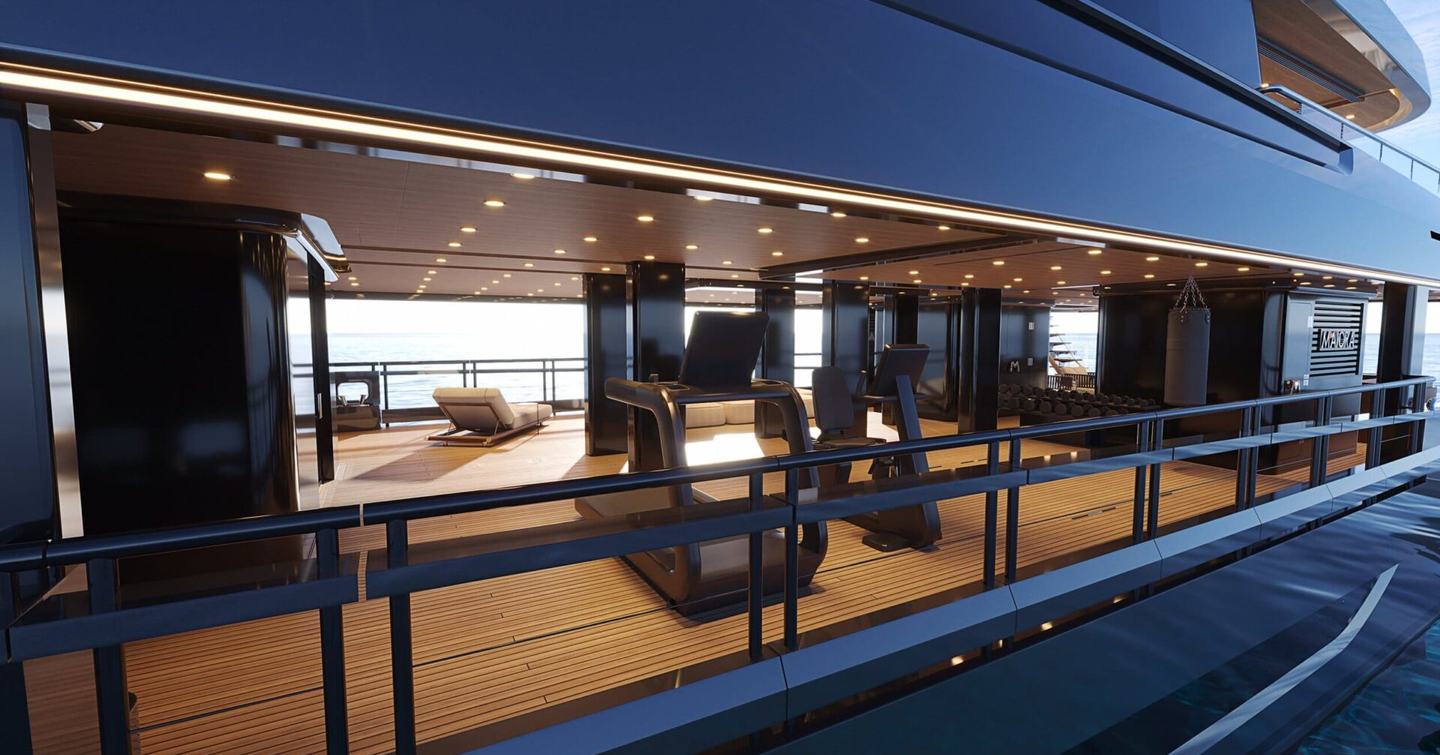 Maiora Supernova 50 side profile rendering with view into exterior deck space and loungers