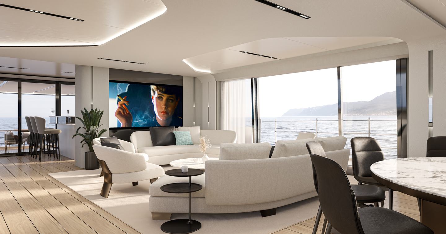 Rendering of ISA Viper 130 motor yacht main saloon with curved white seating and mounted TV