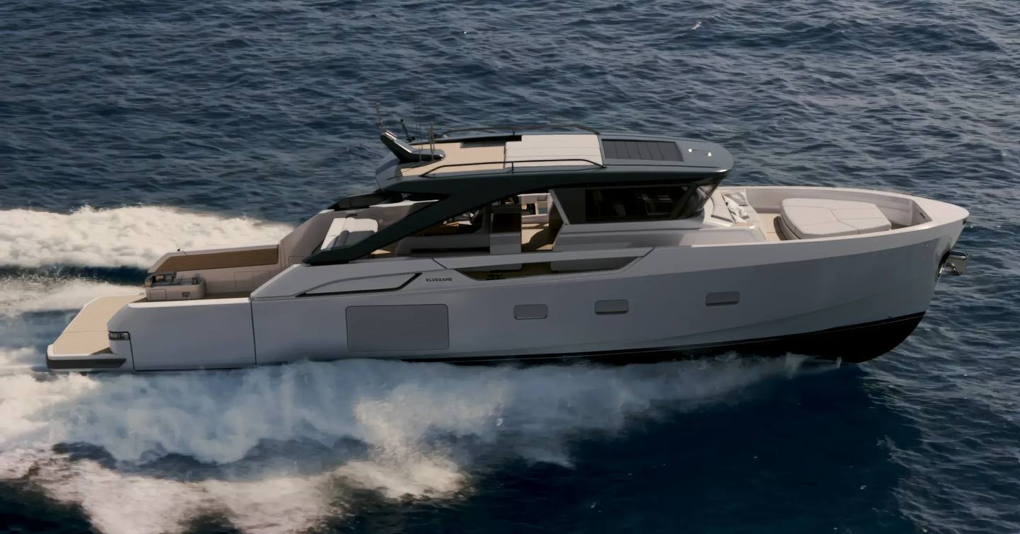 Bluegame BG64 motor yacht underway side view 