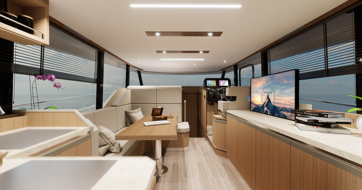 Rendering of Greenline 42 boat interior with pop up TV 