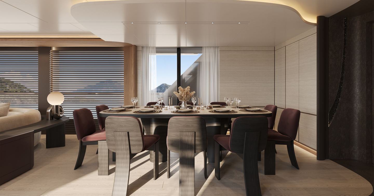 Rendering of Bering 110 explorer yacht main salon dining area 