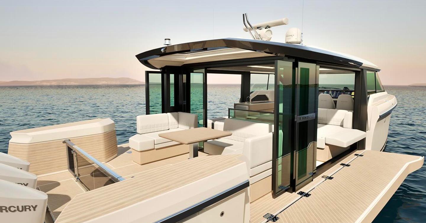 Saxdor 460 GTC boat at anchor with fold down walkways