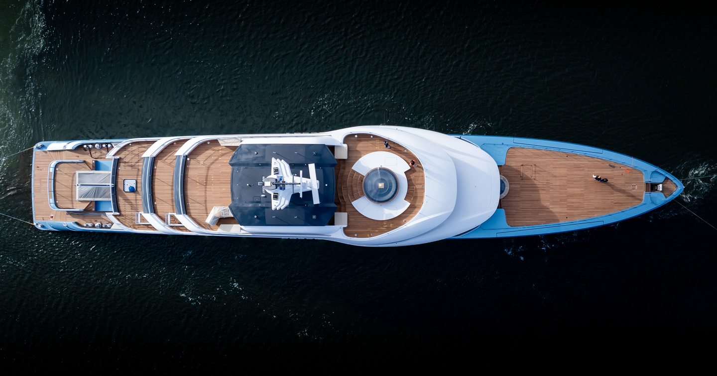 Amels superyacht Netto II at anchor aerial view 